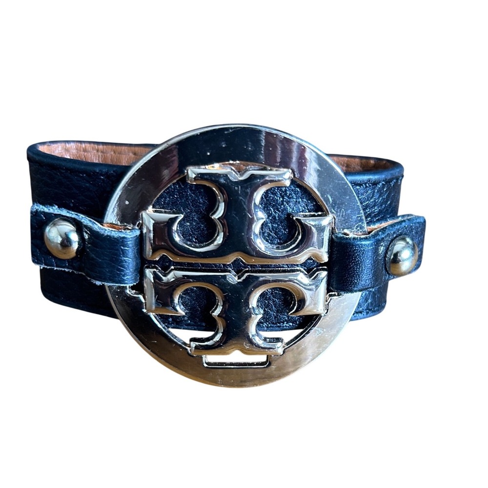 Tory Burch Miller Leather Wrap Bracelet Women Black Gold Logo Cuff Vtg style